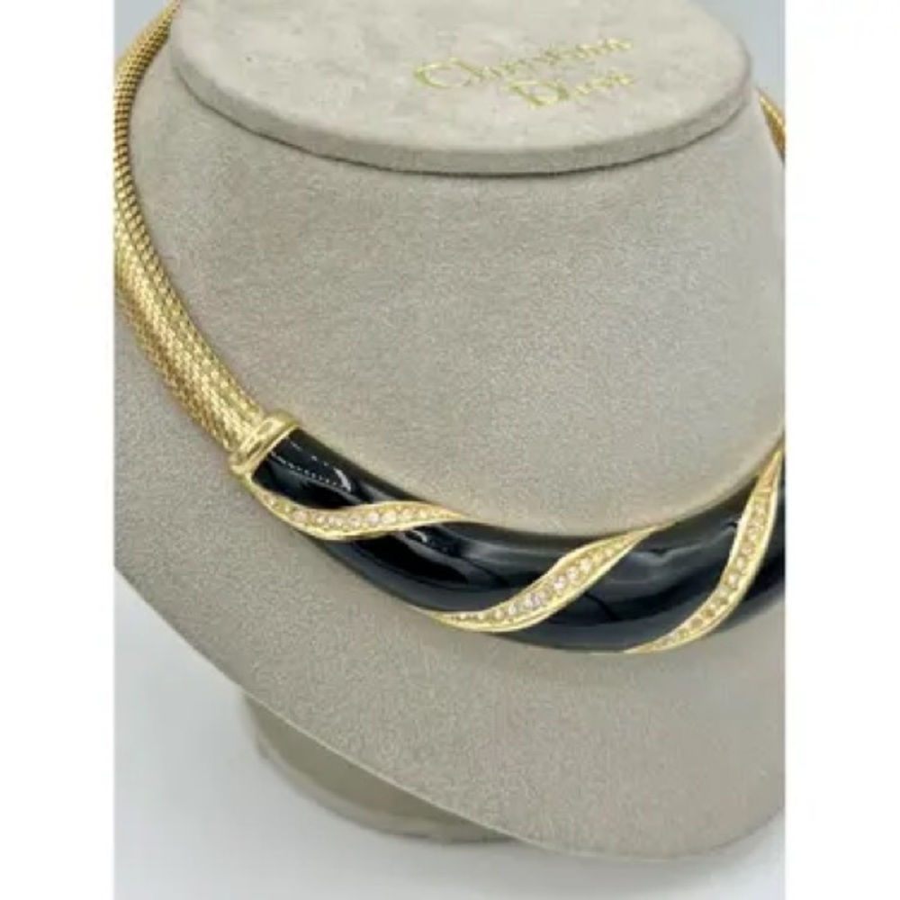 Vintage Dior Necklace Bold Black Enamel Rhinestone Designer Piece - Picture 8 of 14